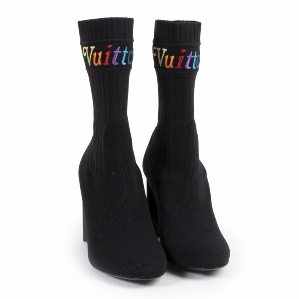 Louis Vuitton Black Sock Ankle Boots with Multicolor Logo - size 37